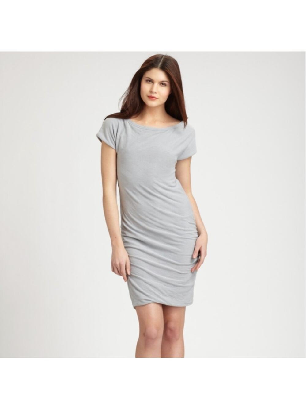 James Perse Boat Neck Cap Sleeved Dress Loight Grey Ruched Side Women's 2 Medium